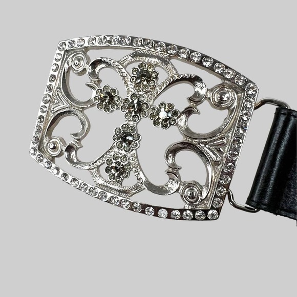 Bebe Cross Buckle Black Leather Belt Rhinestone Studded Women's Size S/M - Picture 11 of 14